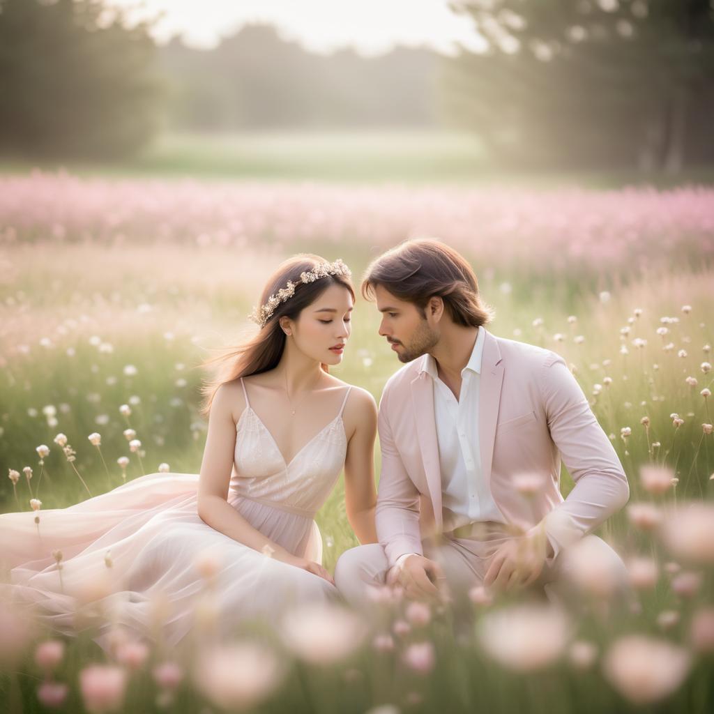 Dreamlike Couple in Serene Flower Field