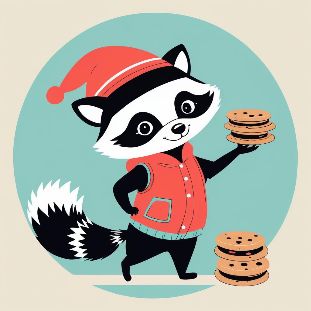 Whimsical Raccoon Cartoon Stealing Cookies