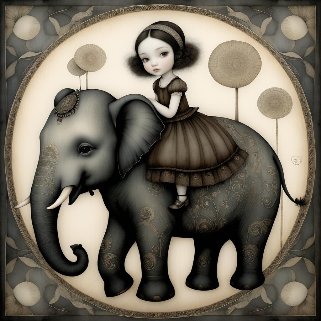 Cheerful Girl Portrayed on Elephant