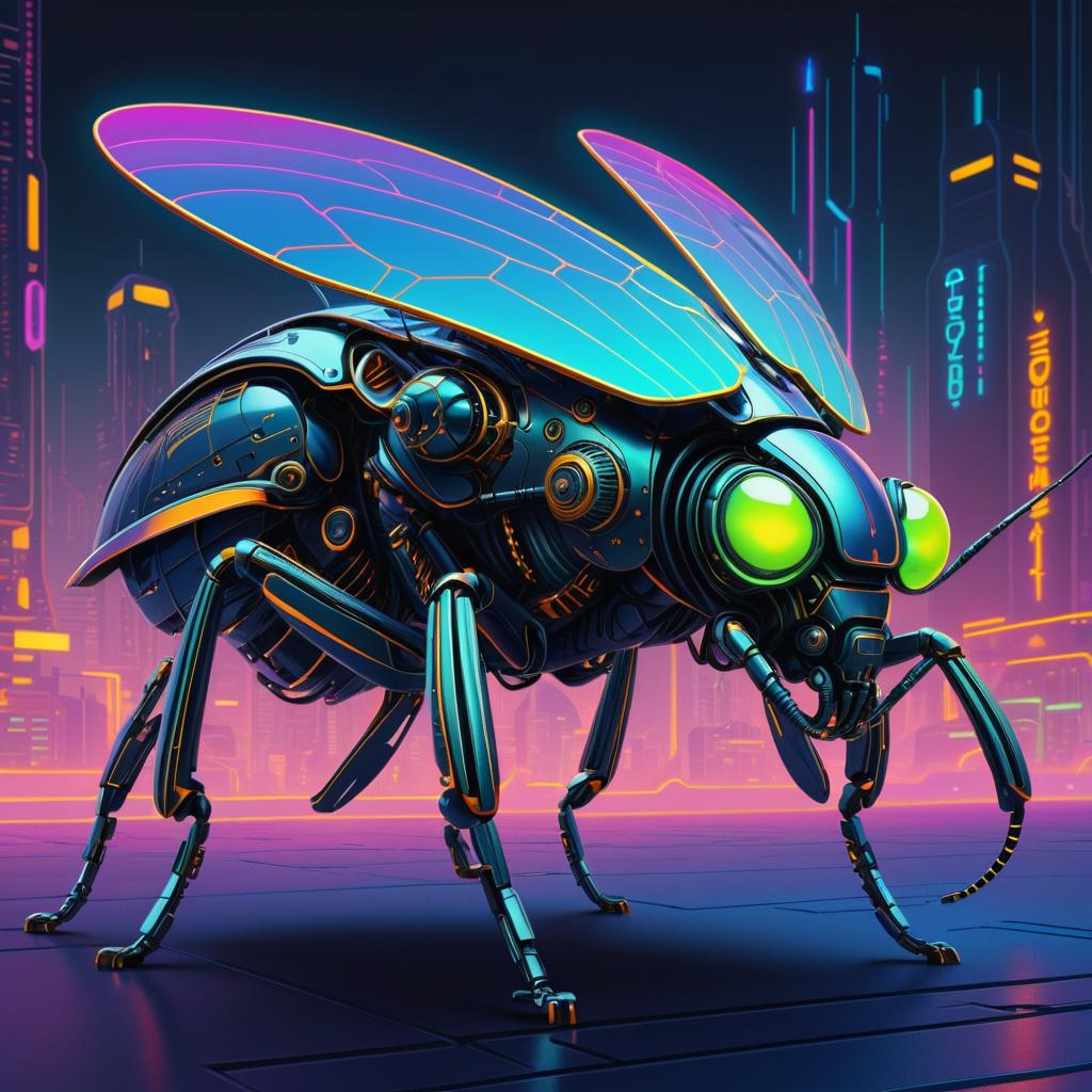 Futuristic Cyborg Insect in Neon City