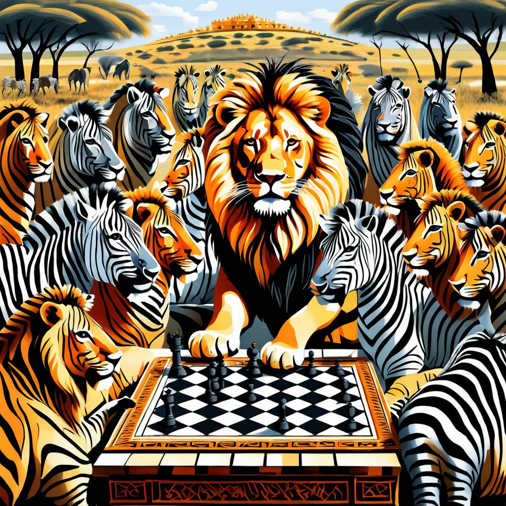 Lion Playing Chess Surrounded by Zebras