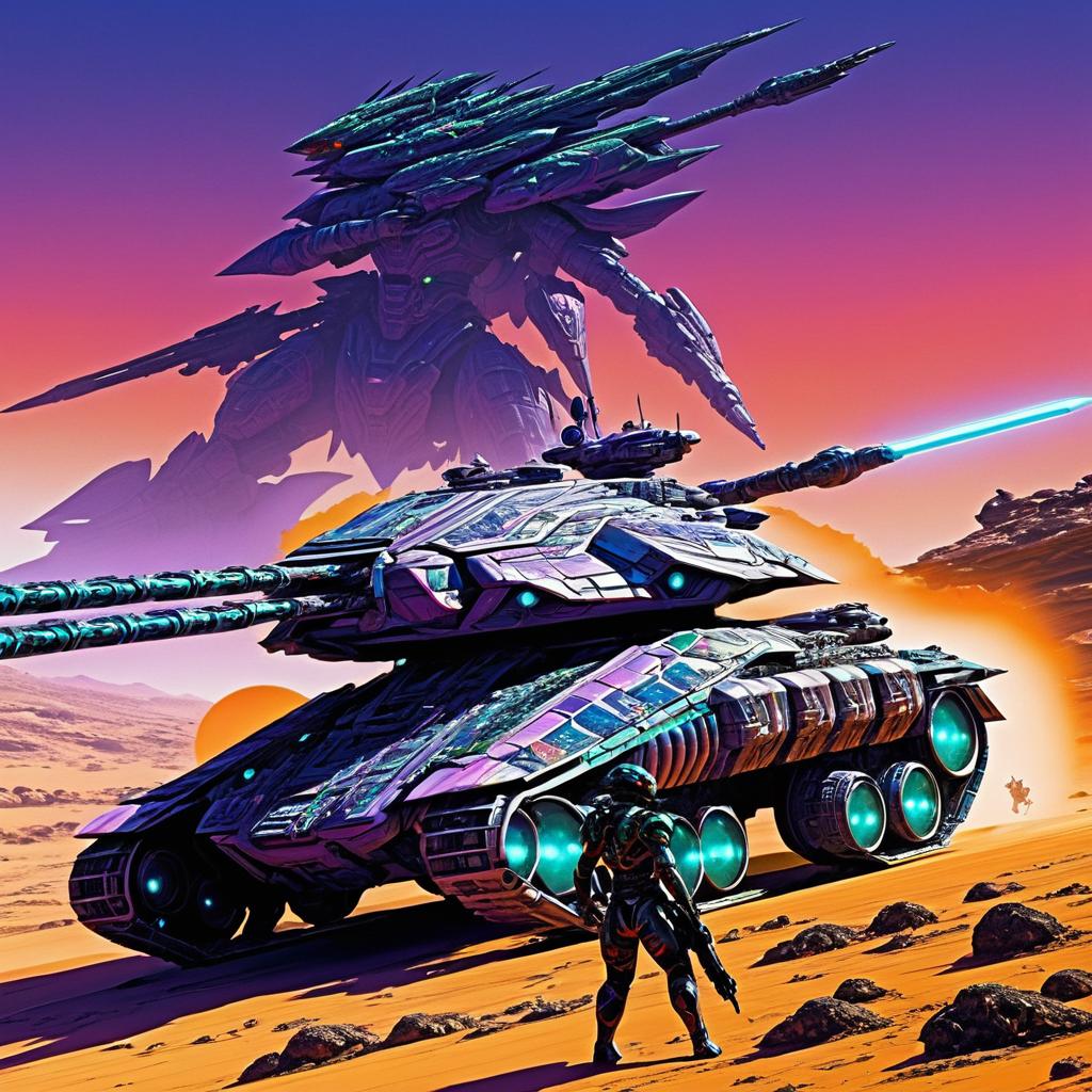 Vibrant Alien Warrior Battles Futuristic Tank