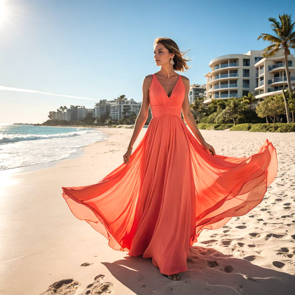 Charismatic Lady in Coral Gown at Beach