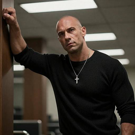 Serious Bald Man in Black Sweater with Cross Necklace