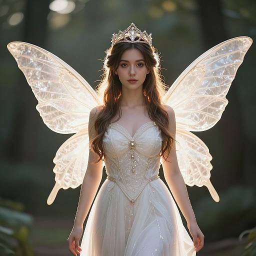 Photograph of a fair-skinned, long-haired fairy princess with glowing transparent wings, wearing a white, strapless, beaded dress and a delicate