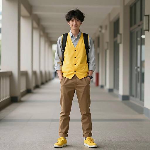Young Asian Man in Yellow Vest Standing in Hallway