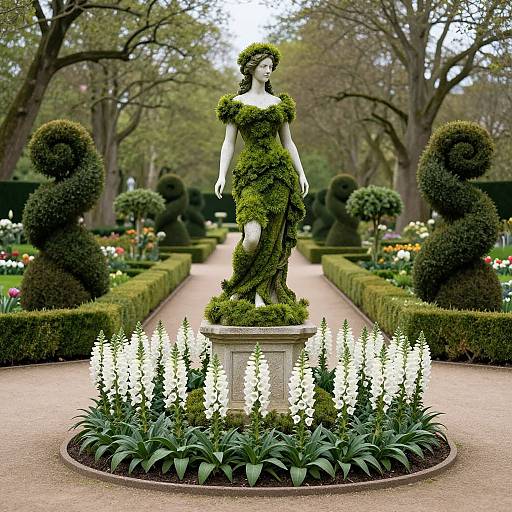 Classical Garden Statue with Topiary Pathway