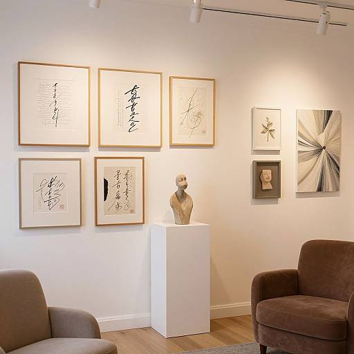 Photograph of a modern art gallery wall with six framed abstract ink drawings, a white pedestal with a sculpted bust, and brown armchairs on