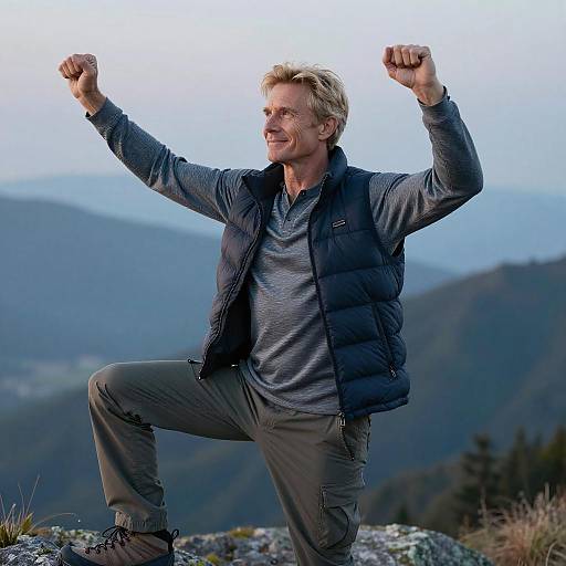 Photograph of a smiling, muscular, blonde middle-aged man in a blue puffer vest, gray shirt, and hiking pants, flexing arms on