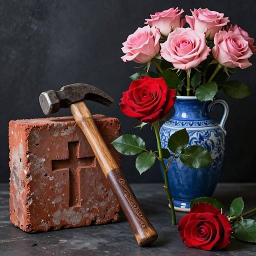 Photograph of a blue vase with pink and red roses, wooden-handled hammer on a textured brick, against a dark background.