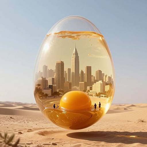 Photorealistic image of a glass sphere on a sunny desert, reflecting a city skyline with two silhouetted people, and an orange orb inside