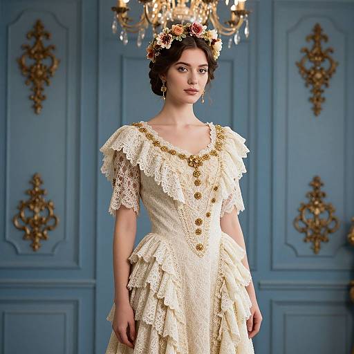 Photograph of a fair-skinned woman with dark hair, wearing a cream lace Victorian dress, floral crown, gold buttons, and earrings, standing in