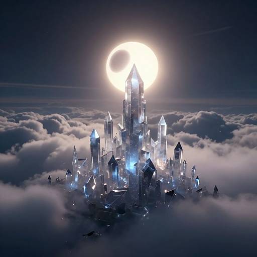 Fantastical, glowing crystal castle with sharp spires and blue lights, floating amidst clouds, illuminated by a radiant, full moon above. Digital artwork