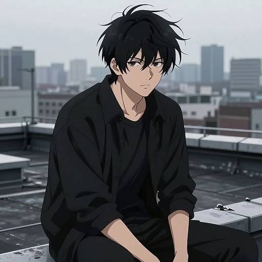 Anime-style drawing of a black-haired, solemn young man in a black outfit sitting on a rooftop with a cityscape background.