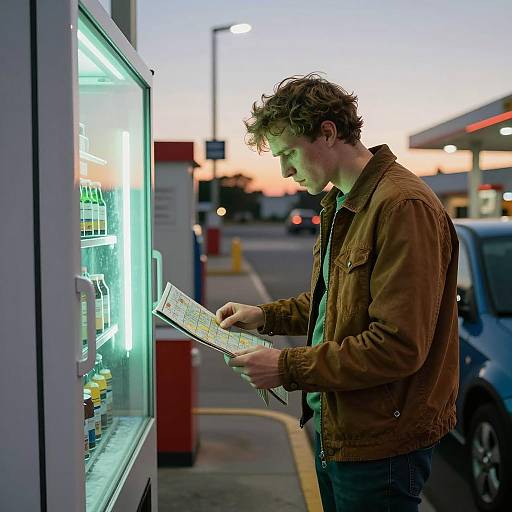 Man Reading Map at Dusk Gas Station