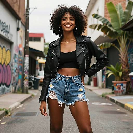 Confident Woman in Denim Shorts and Leather Jacket