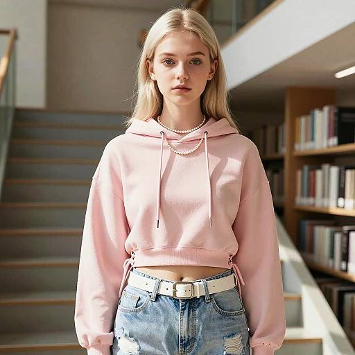 Photograph of a blonde woman with light skin, wearing a pink hoodie, blue denim jeans with white belt, standing in a sunlit room with stairs
