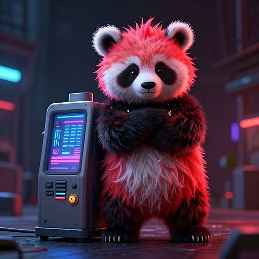 CGI image of a neon-lit, fluffy red panda with crossed arms standing beside a futuristic handheld device in a cyberpunk city.