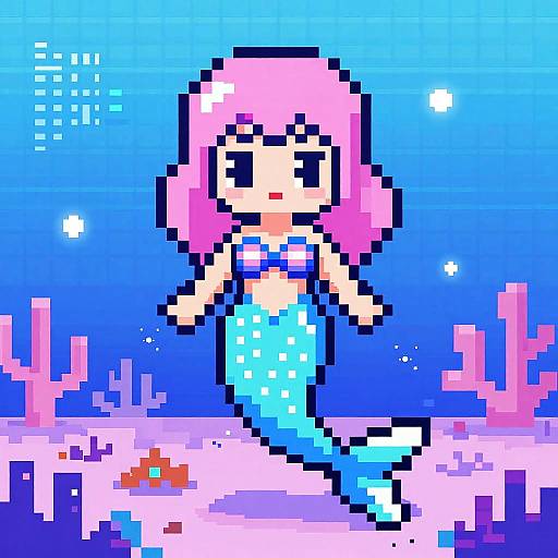 Pixel art of a cute pink-haired mermaid with a blue polka-dotted tail, standing on a coral reef with a small orange fish, in