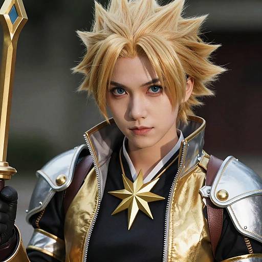 Photograph-style CGI of a blonde-haired, blue-eyed male cosplayer with spiky hair, gold and silver armor, black shirt, and star necklace