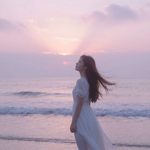 Photograph of a young woman with long brown hair, wearing a white, semi-transparent dress, standing by the ocean at sunset, her head tilted back