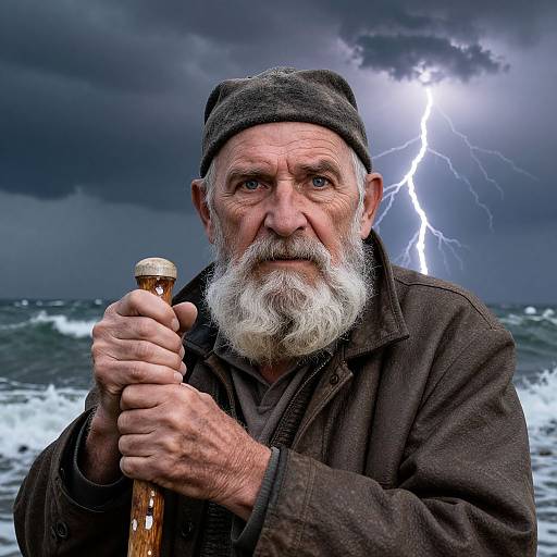 Photograph of an elderly white man with a white beard, wearing a dark cap and brown coat, holding a wooden pipe, against a stormy sea