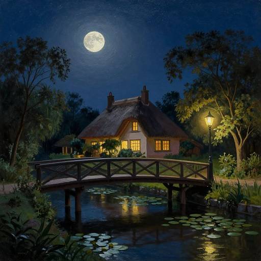 Nighttime illustration of a quaint, lit cottage with a thatched roof, moonlit sky, wooden bridge over a lily pond, and glowing lantern