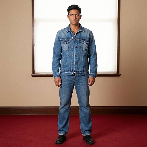 Photograph of a young man with short black hair, wearing a blue denim jacket and matching jeans, standing against a brightly lit window on a red carpet
