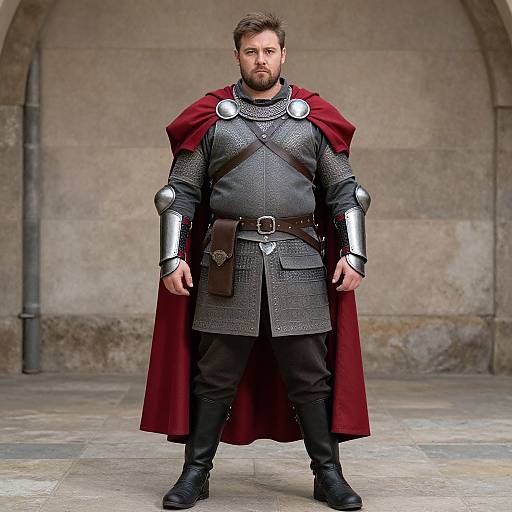 Photograph of a bearded, muscular man in medieval knight armor with a red cape, standing in a stone archway courtyard.