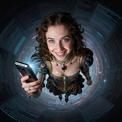 Digital artwork of a smiling woman with curly brown hair, blue eyes, and Victorian dress, taking a selfie with a glowing phone in a futuristic, glowing