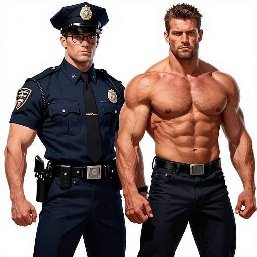 Digital illustration of a muscular, shirtless police officer with tan skin and defined abs standing next to a similarly muscular, uniformed police officer with glasses.