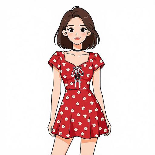 Smiling Woman in Red Floral Dress