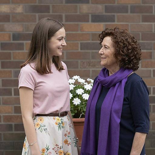 Photograph of a young woman with straight brown hair in a pink shirt and floral skirt, smiling at an older woman with curly brown hair, wearing a