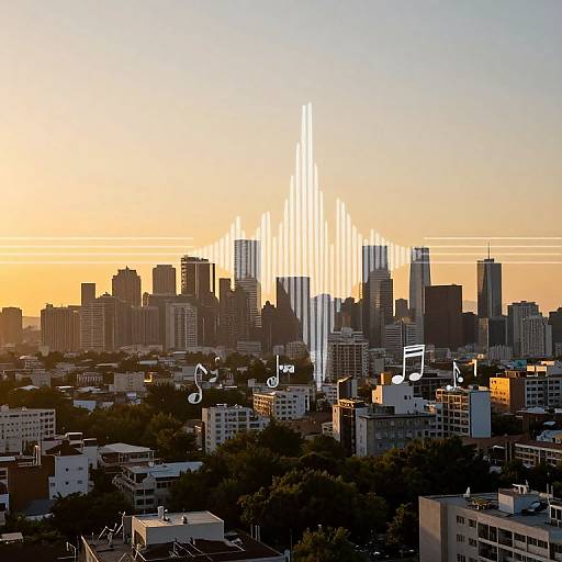 Golden Hour Cityscape with Sound Waves