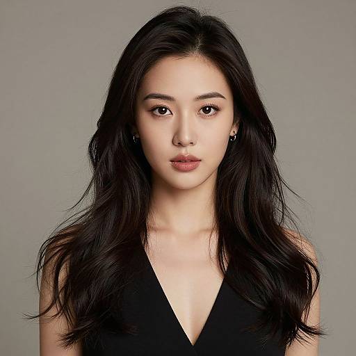 Photograph of an East Asian woman with long, wavy black hair, wearing a black V-neck top, against a plain gray background, looking directly