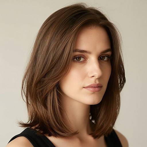 Photograph of a young woman with shoulder-length, straight brown hair, light skin, and brown eyes, wearing a black top, against a plain white