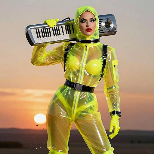 Photograph of a woman in a yellow, transparent, latex jumpsuit with yellow gloves and hood, carrying a keyboard over her shoulder, against a sunset