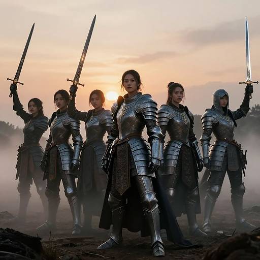 Photorealistic CGI of five Asian women warriors in shiny silver armor, holding swords, standing in a misty sunset landscape.