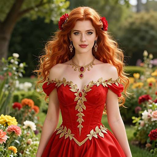 Elegant Red-Haired Woman in Lush Garden