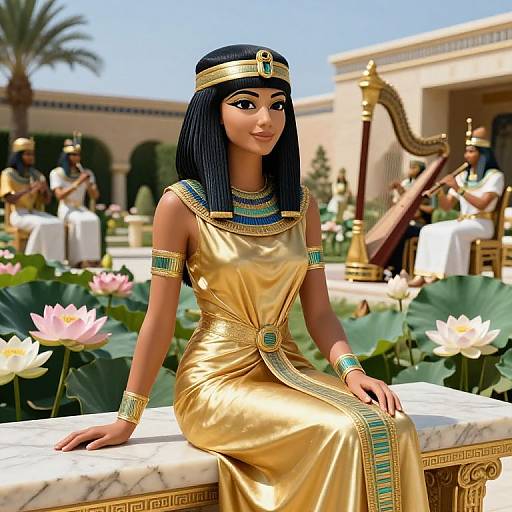 Digital art of an Egyptian goddess with dark blue hair, golden dress, and turquoise jewelry, sitting by a lily pond, surrounded by palm trees and