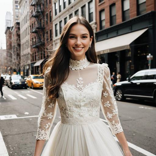 Young Woman in Elegant White Lace Wedding Dress in Urban Setting