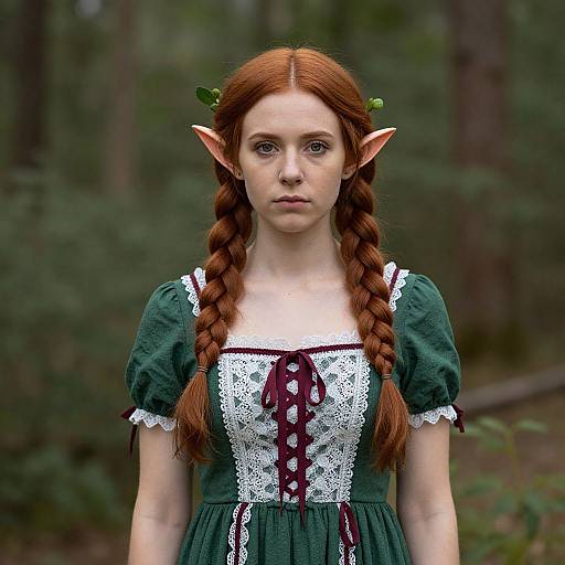 Photograph of a young woman with red braided hair, elf ears, green dress with white lace, maroon ribbon, standing in a forest.
