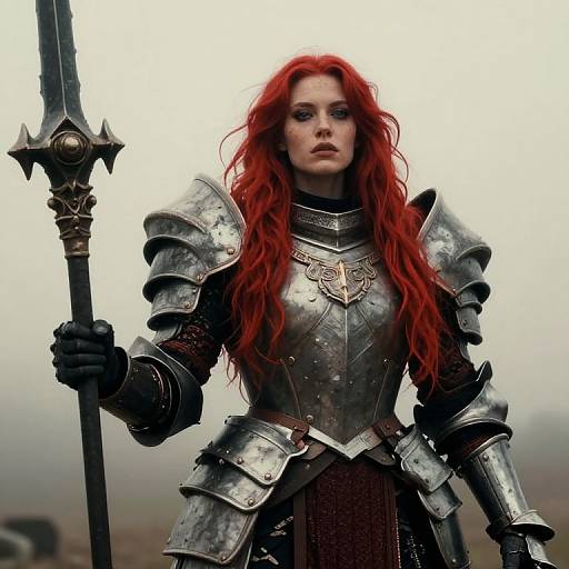 Photograph-style digital art of a fierce, red-haired woman in silver, ornate medieval armor holding a tall, spiked spear, with a misty
