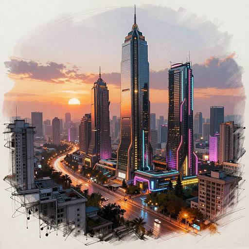 Futuristic Neon Cityscape at Sunset