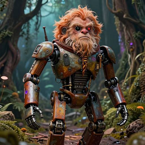 Digital artwork of a robotic monkey with a lion's mane, red eyes, and metallic joints, standing in a lush, foggy forest.