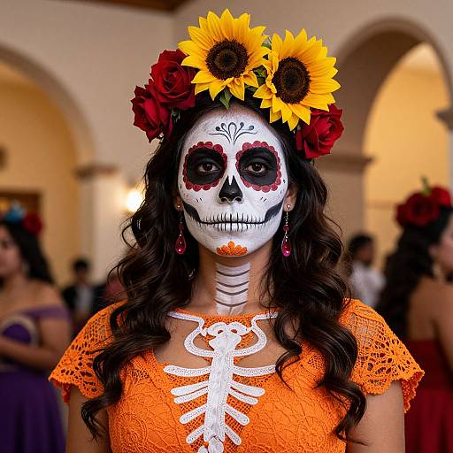 Photograph of a woman in an orange lace dress, sunflower and red rose flower crown, white face paint with sugar skull design, sun skeleton on