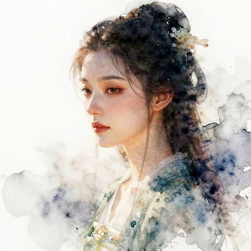 Watercolor portrait of an Asian woman with delicate features, dark hair in a loose bun, soft expression, illuminated by bright light.