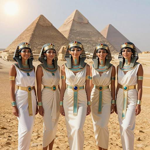 Five Ancient Egyptian Women in Traditional Attire by Pyramids