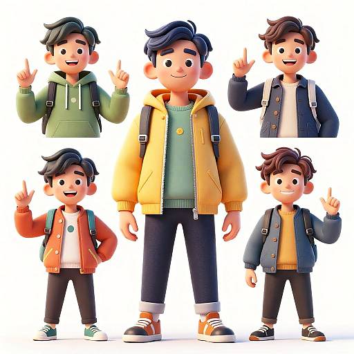 CGI artwork of six cartoon boys with varied outfits, all waving, wearing hoodies, jackets, backpacks, and sneakers, in a white background