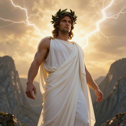 Photograph of a muscular, bearded man with long brown hair, wearing a white toga and laurel wreath, standing in a mountainous